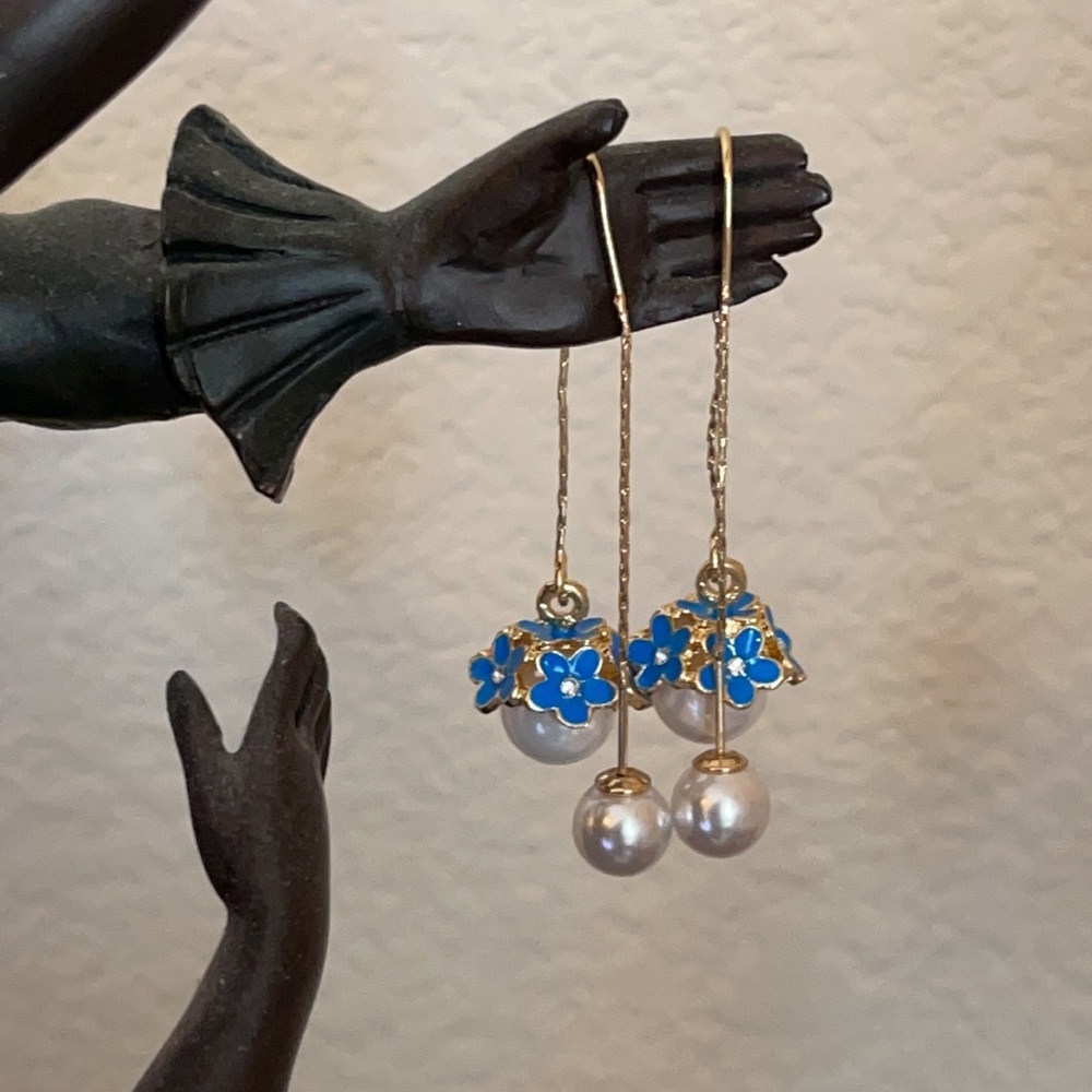 Retro Boho flowers dingle drop double pearls